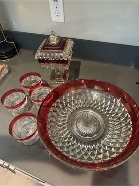 Vintage Glass Serving Bowl and Cups with Ruby Red Trim